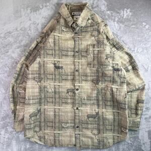 Columbia River Lodge Deer Print Button Up Shirt Tan Outdoor Hunting Mens Large
